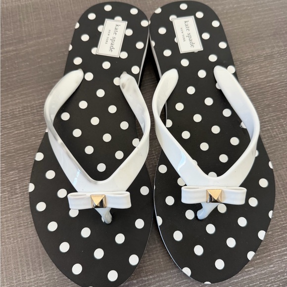 kate spade Black & White Polka Dot Flip Flop Sandals with Bow Accent - Picture 2 of 8